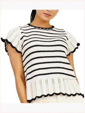 Striped Crochet Knit Sweater Vest Cap Sleeve Ruffle Edges Cute Summer Top